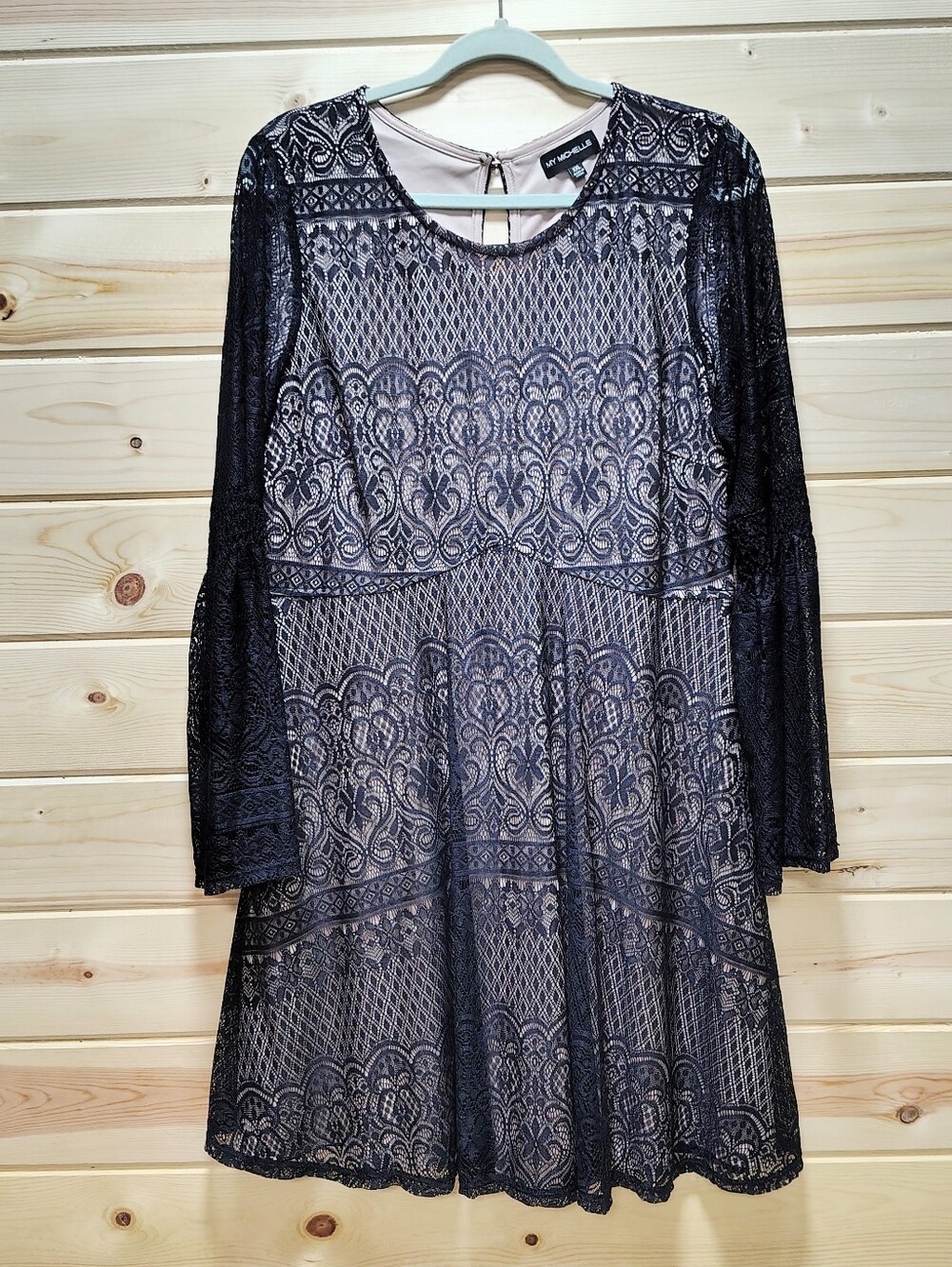 My Michelle Lace Dress XXL Navy Cream Lining Long Sheer Flare Sleeve A-Line Soft